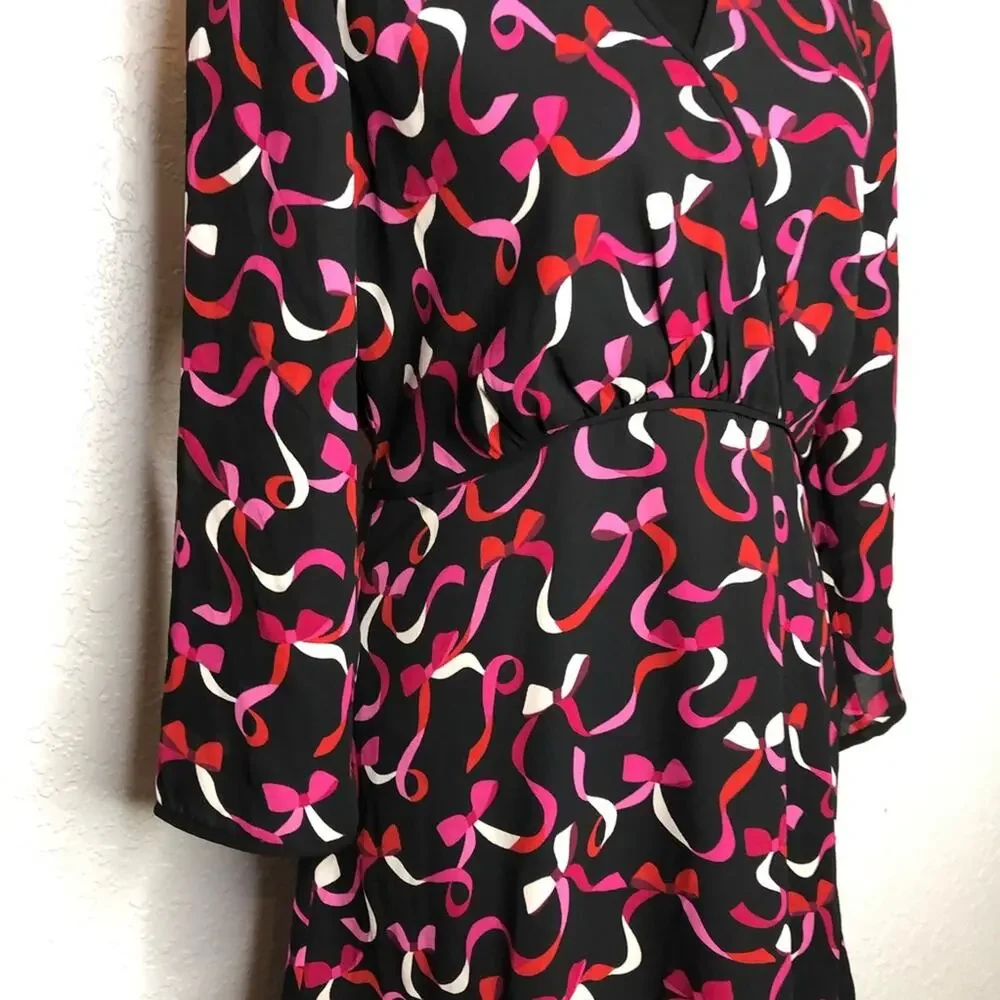 Kate Spade black red pink ribbon bow v neck dress size 6